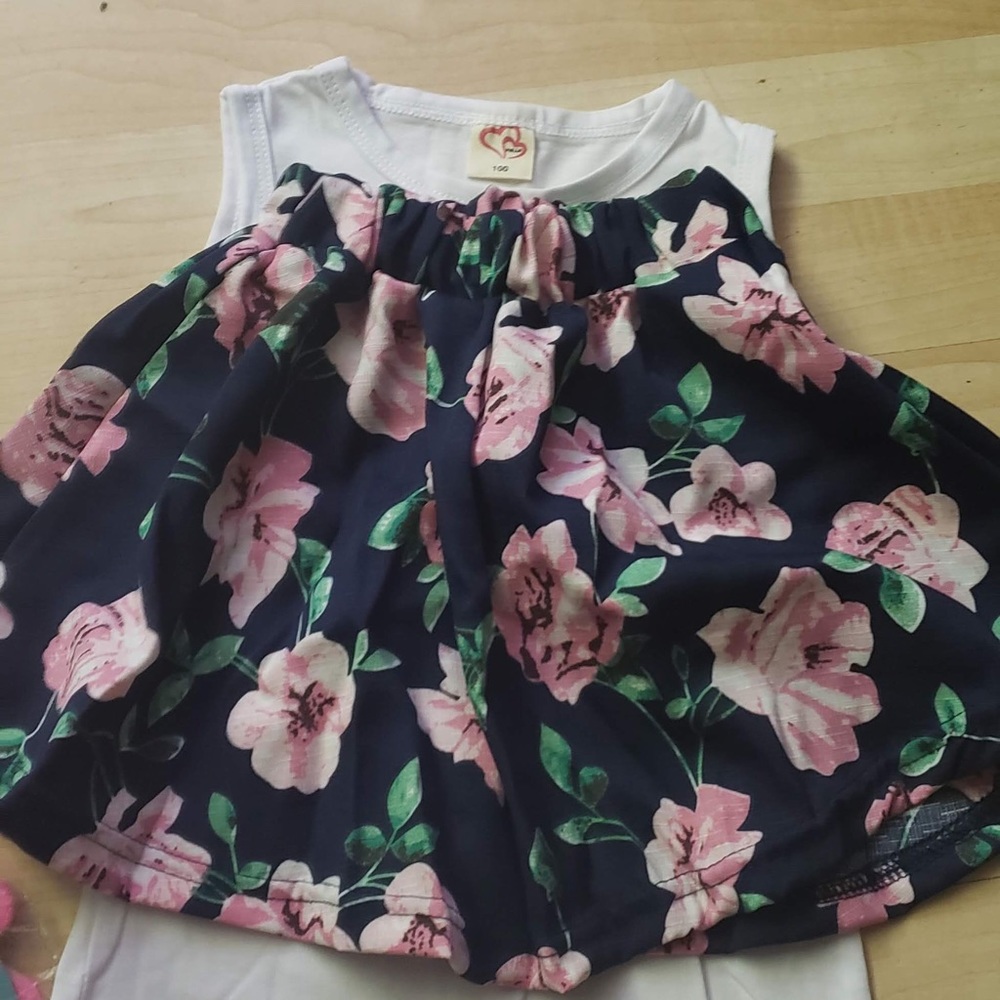 Pink and blue floral skirt with white love top 3t